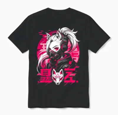 Anime Manga Cyberpunk Aesthetic Techwear Harajuku Kitsune T-Shirt, Black Unisex T-Shirt - Black