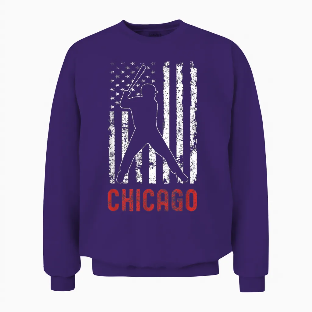 Chicago Illinois American Flag Baseball Weathered Unisex Sweatshirt in Purple