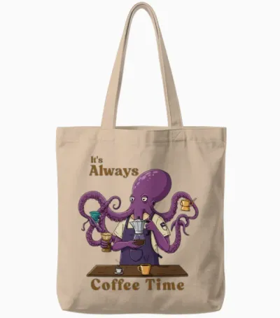 Cosmic Barista Octopus | Funny Coffee Time Design Tote Bags - Natural