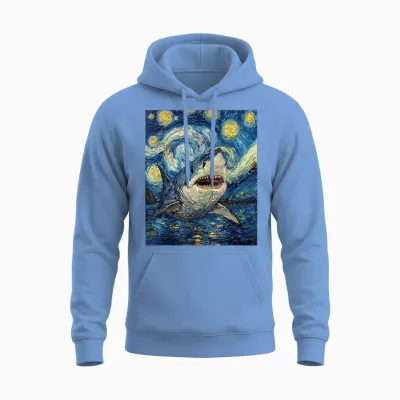 Funny Shark - Van Gogh Style - Starry Night Unisex Hoodie - Carolina Blue