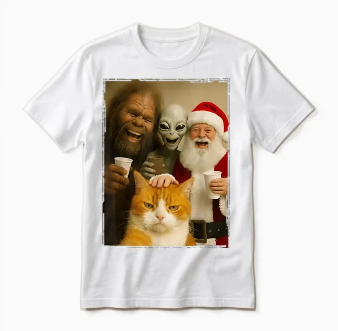 Cat Selfie with Bigfoot, Alien & Santa, Funny Christmas Unisex T-Shirt in White