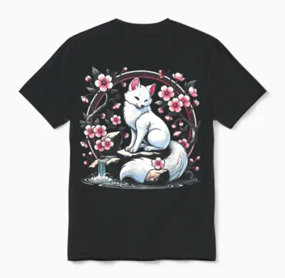 Japanese Kitsune Yokai White Fox Ghost Ukiyo-E Vintage Unisex T-Shirt - Black