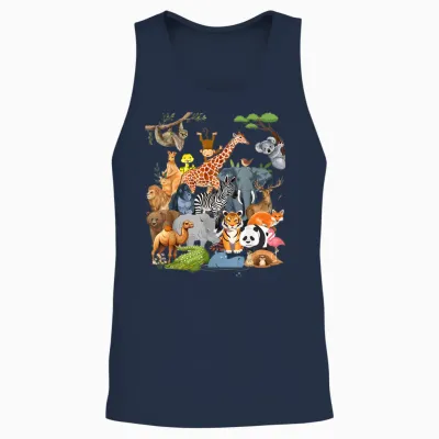 Men Women and Kids Wildlife Zoo Day Party Cute 22 Animals Unisex Tank Top - Navy
