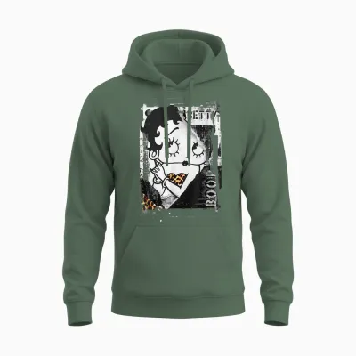 Betty Boop Distressed Punk Rock Vintage Stamp Poster Design Unisex Hoodie - Military Green