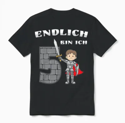 Children's Little Knight Boy 5th Birthday Finally 5 Years Knight's Castle T-Shirt, Blue Unisex T-Shirt - Black