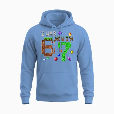 I Was 6 Now I'm 7 Pixel Game Birthday Boy Gift for Boys Kid Unisex Hoodie - Carolina Blue