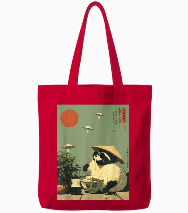 Funny Vintage Japanese Raccoon Ramen Ufo Alien Space Noodles Tote Bags in Red