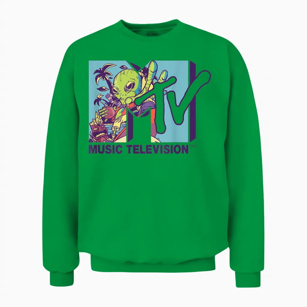 Mademark X Mtv - the Official Mtv Logo with an Alien Drinking Milk of Coconut Unisex Sweatshirt in Irish Green