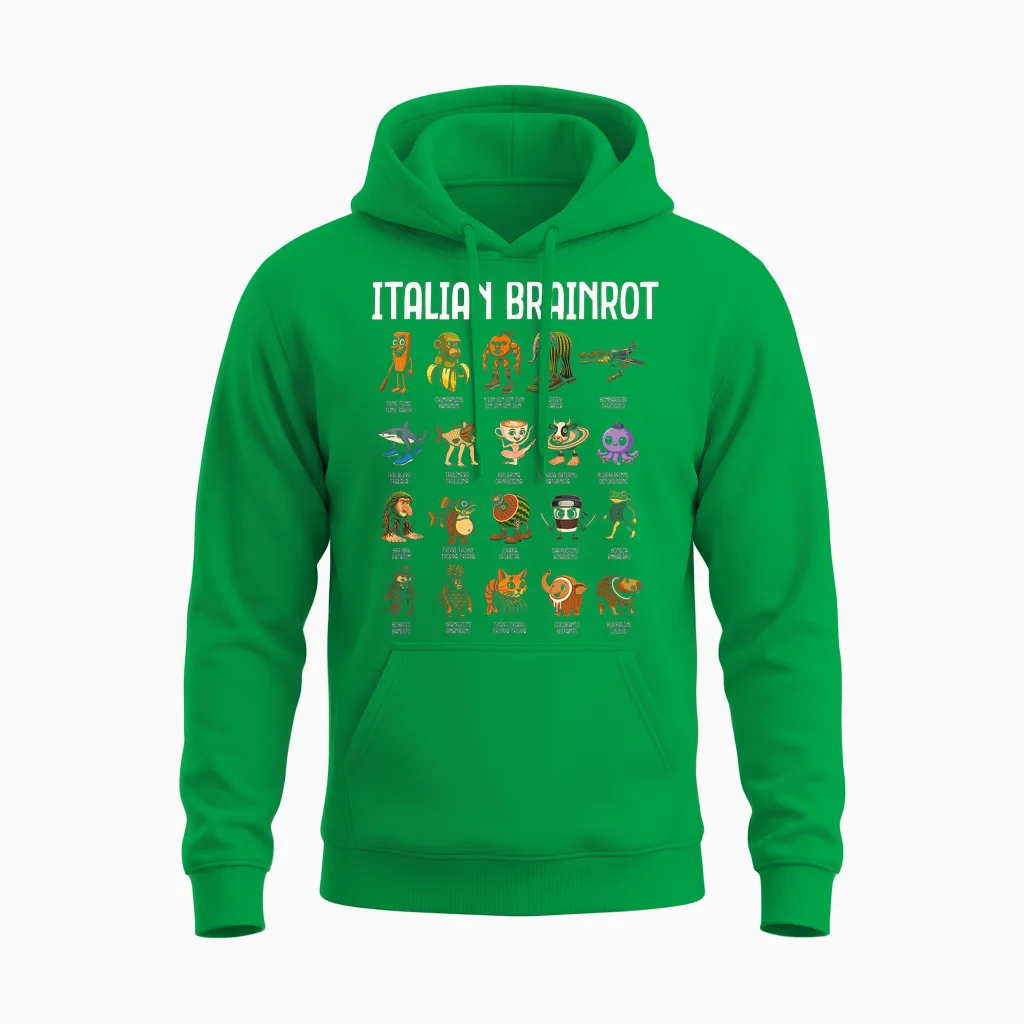 Italian Brainrot Italian Brainrot Funny Memes Boys Unisex Hoodie in Irish Green