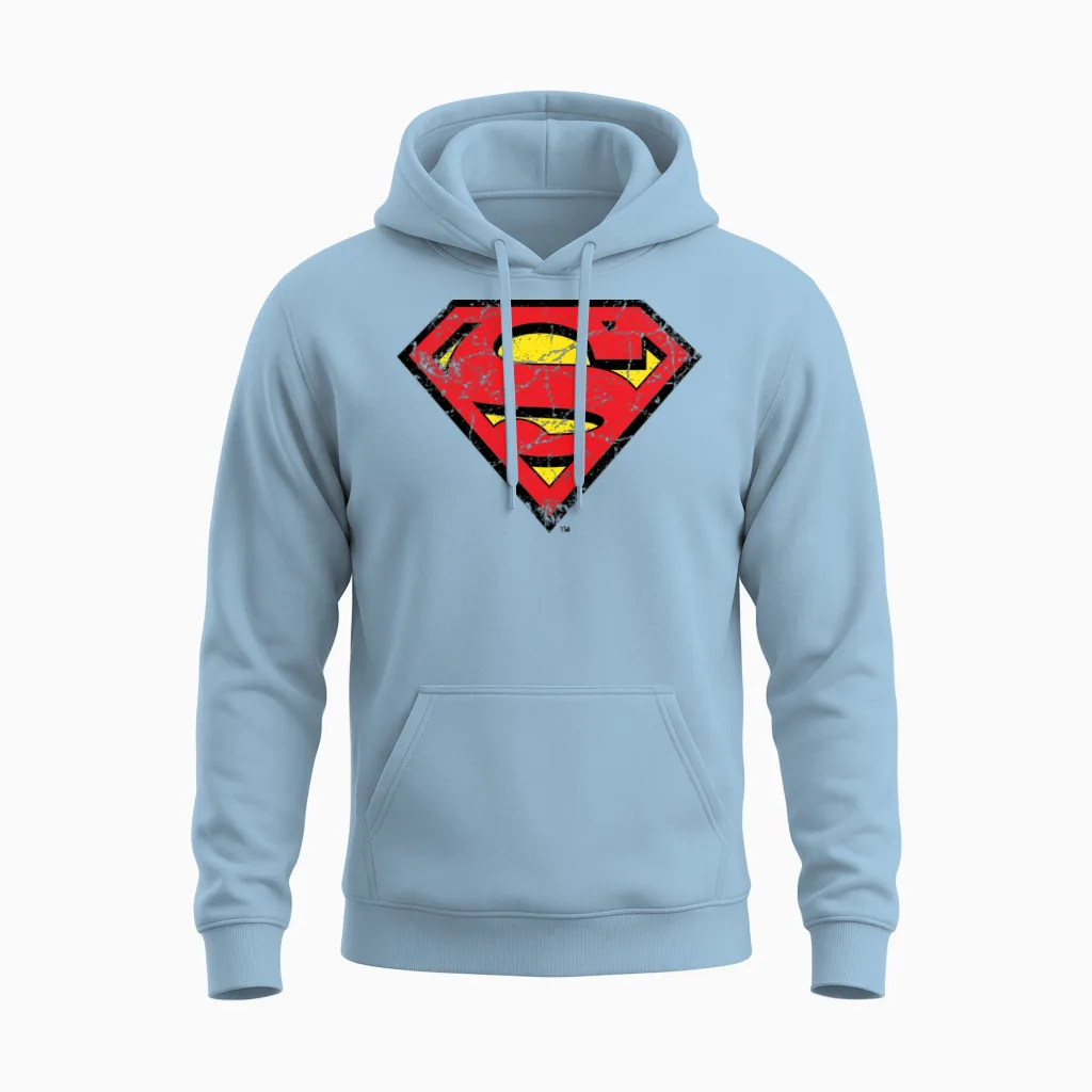 Superman S-Shield Logo Vintage Unisex Hoodie in Light Blue