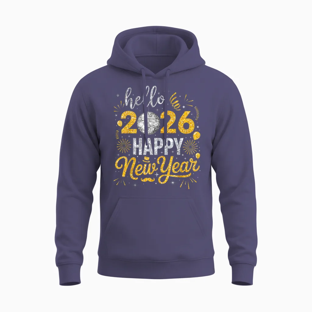 Hello 2026 Happy New Year Family Matching Fireworks Balloons Unisex Hoodie in Heather Sport Dark Navy