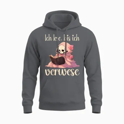 Roman Lover Booknerd T-Shirt with German Text "ich Lese, Bis Ich Gewese", Black Unisex Hoodie - Charcoal
