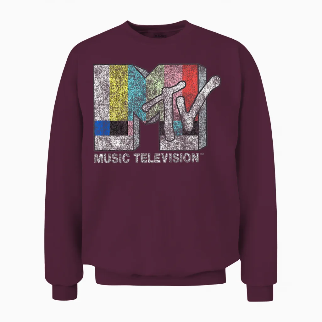 Mtv Classic Fit Black T-Shirt - Vintage Tv Signal Logo, 100% Cotton, Adult Short Sleeve Unisex Sweatshirt in Maroon