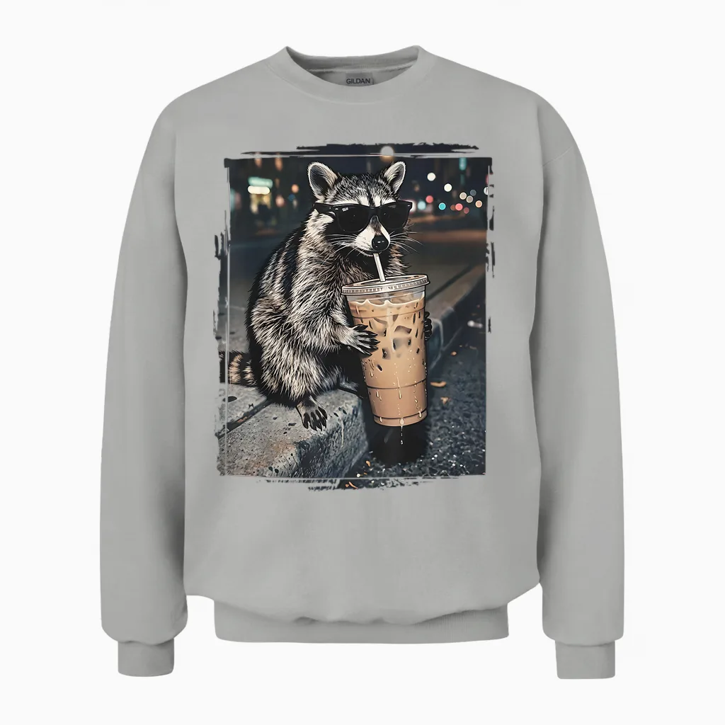 Raccoon Drinking Iced Coffee Funny Animal Meme Men Women Unisex Sweatshirt in Ash