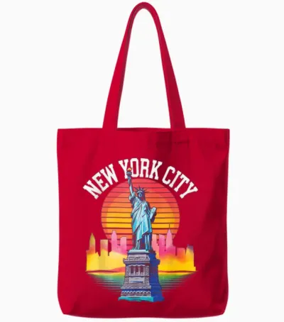 New York City Art Liberty Island Landmark T-Shirt, Black, S Tote Bags - Red