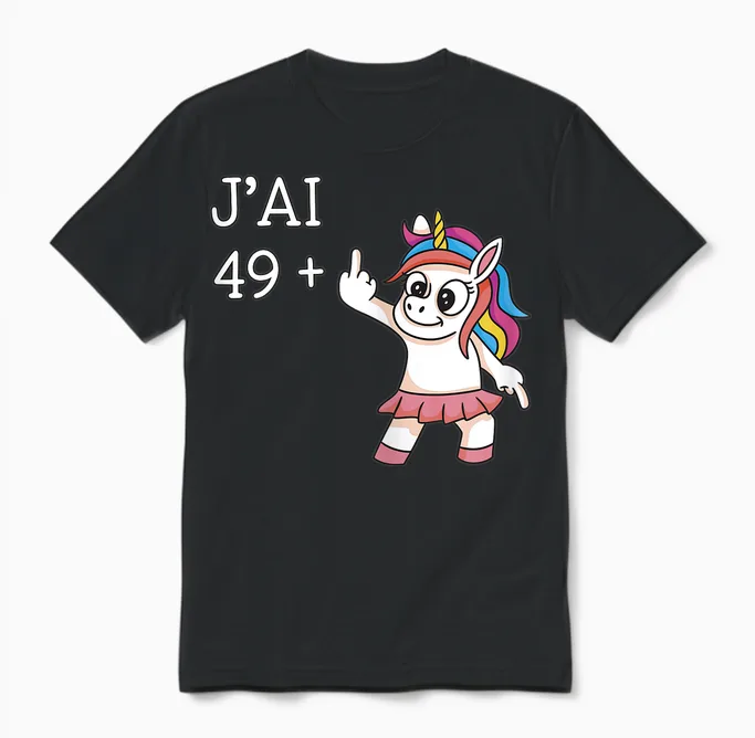 J'ai 49 Plus 1 Unicorn Funny Birthday Woman 50 Years T-Shirt, Black, Female X-Small Unisex T-Shirt in Black