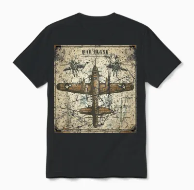 Retro War Plane Ww2 Shirt Blueprint World War 2 Unisex T-Shirt - Black