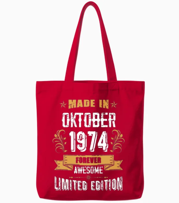 October 1974 Vintage Birthday Present Tote Bags in Red