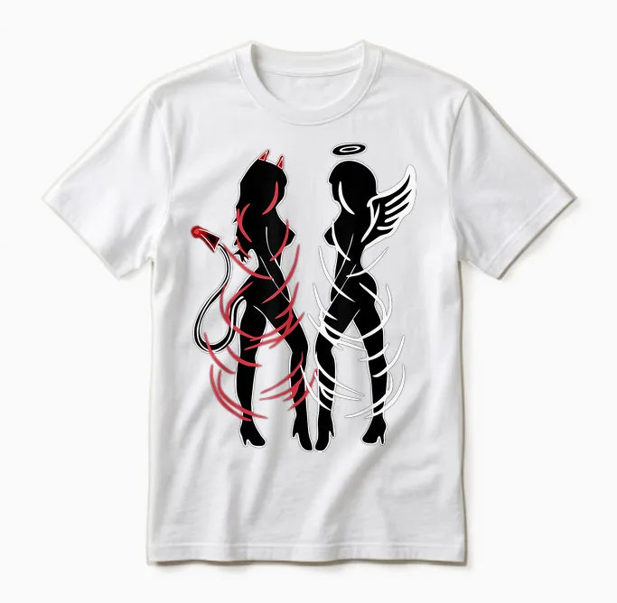 Sexy Duality Symbol Devil and Angel Girls Unisex T-Shirt in White