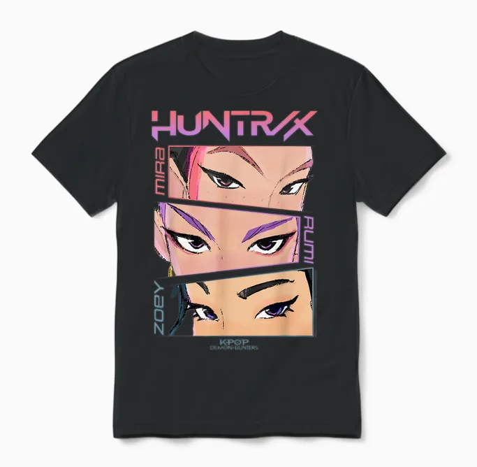 Kpop Demon Hunters Huntrix Eyes Comic Strip Unisex T-Shirt in Black