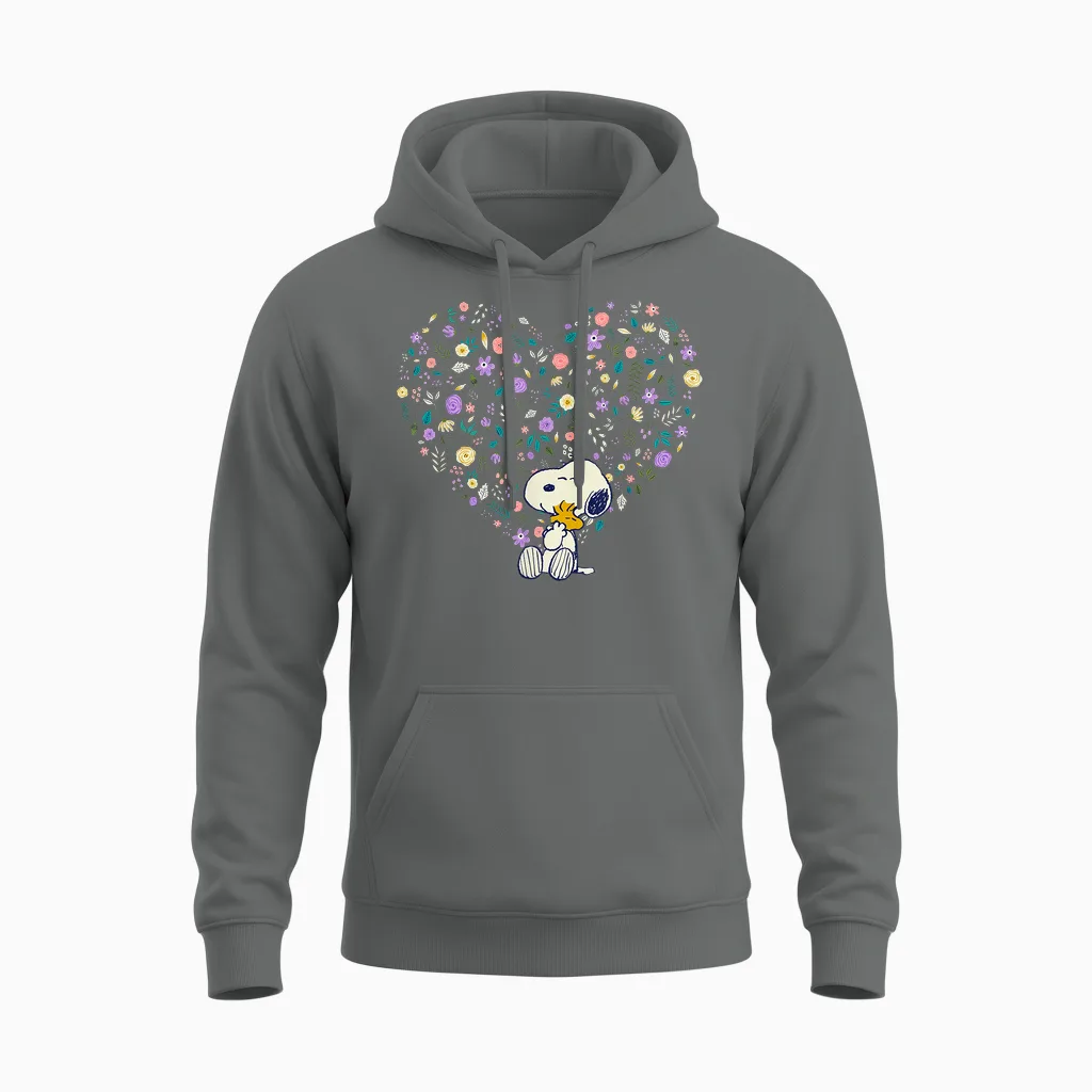 Peanuts Snoopy & Woodstock Hug Heart Floral Unisex Hoodie in Graphite Heather