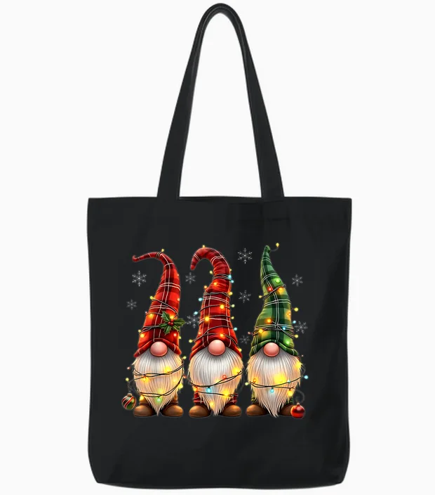 Three Gnomes Men Women Buffalo Plaid Red Christmas Tote Bags in Black