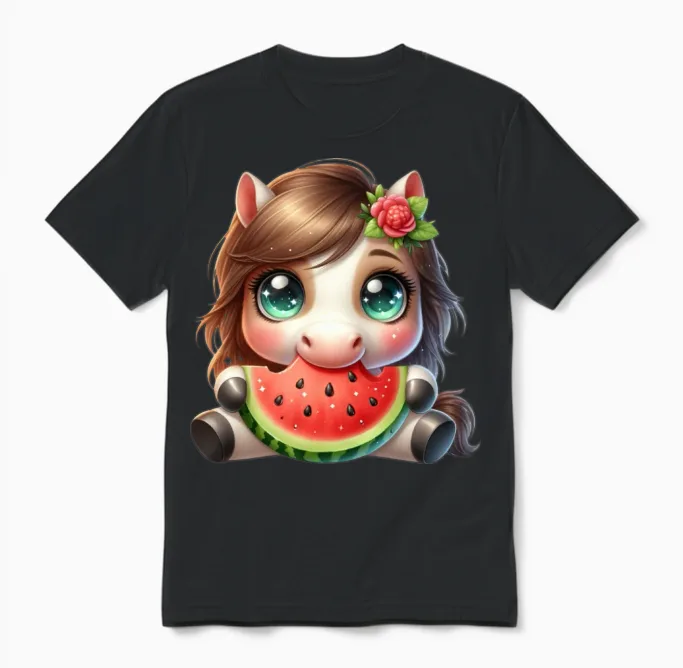 Horse Eating Watermelon - Lovers Unisex T-Shirt in Black