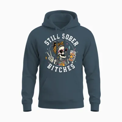 Still Sober Bitches Messy Bun Drinking Coffee Skeleton Unisex Hoodie - Dark Heather