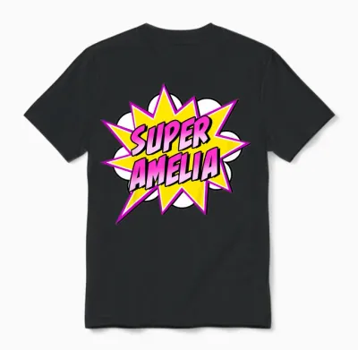 Kids Girls Amelia Name Cartoon Superhero Unisex T-Shirt - Black
