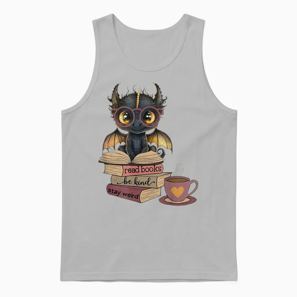 Funny Dragon Read Books Be Kind Stay Weird Book Lover Unisex Tank Top in Ash