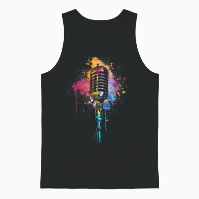 Singer Vintage Microphone Watercolour Karaoke Singing T-Shirt, Black Unisex Tank Top - Black