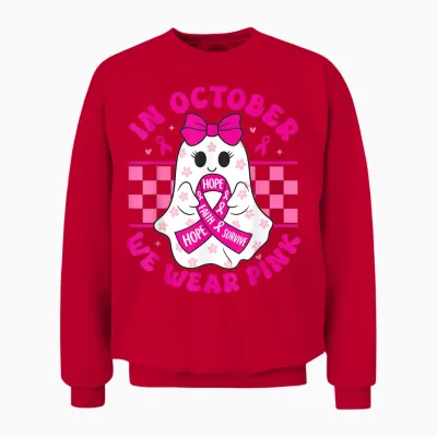 Spooky Halloween Ghost Pink Breast Cancer Awareness 2025 Unisex Sweatshirt - Red