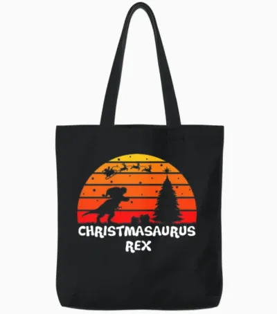 Christmasaurus Rex Retro Sunset Tote Bags - Black