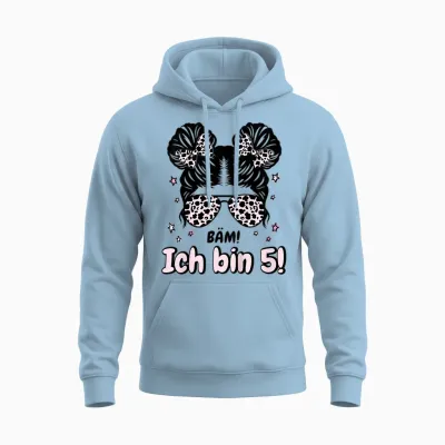 Kids 5th Birthday Girl Messy Bun Bäm! Ich Bin Fünf T-Shirt, Black, S Unisex Hoodie - Light Blue