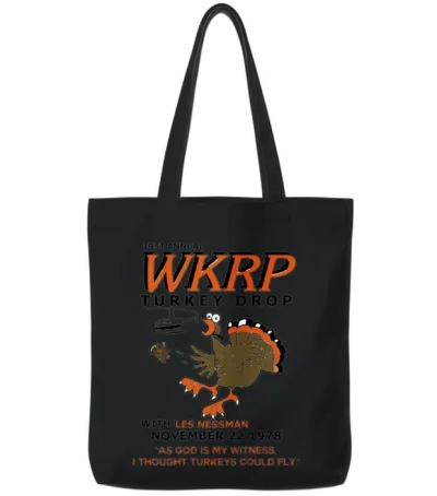 First Anuual Wkrp Turkey Drop with Les Nessman Tote Bags - Black