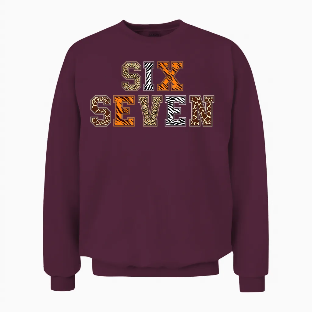 Boys Animal Print Clothes Six Seven Kids Zoo 67 Meme Girls Unisex Sweatshirt in Maroon