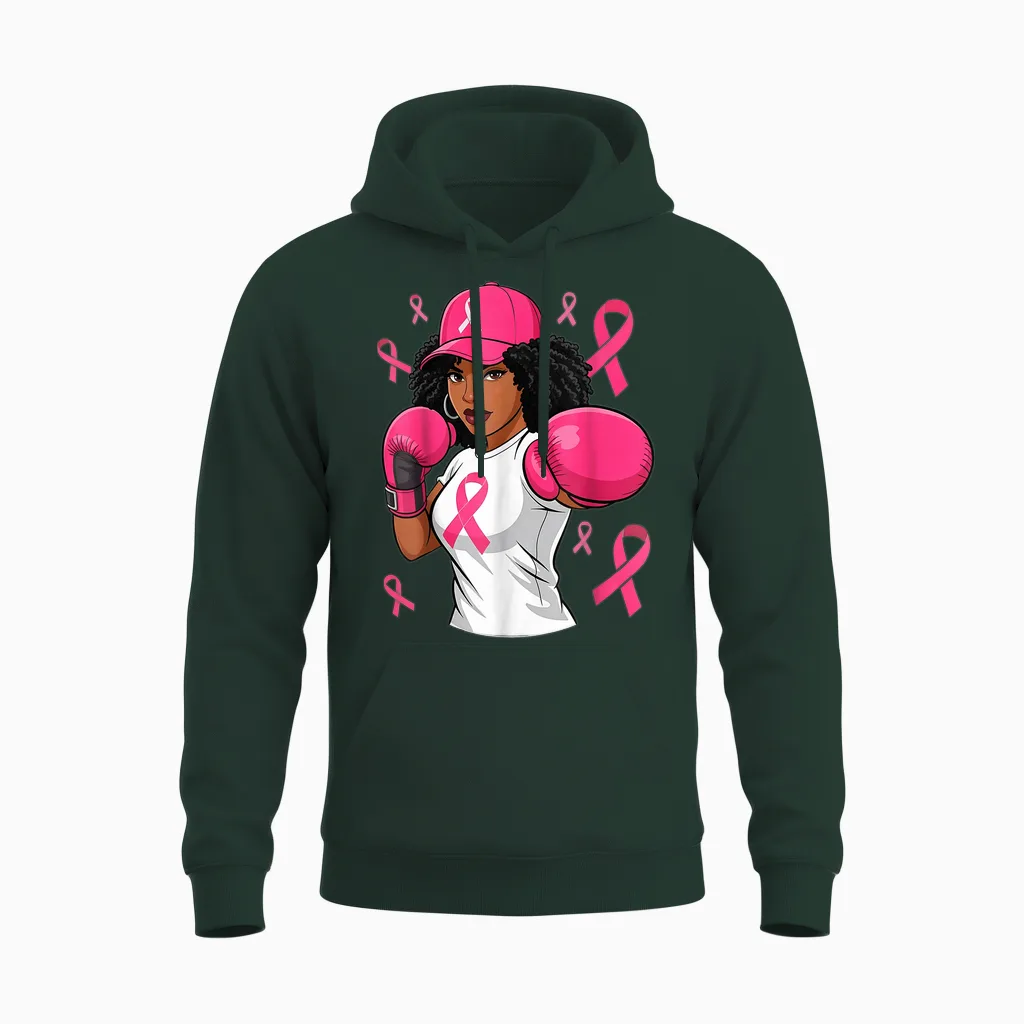 Women Black African American Breast Cancer Afro Pink Ribbon Unisex Hoodie in Forest