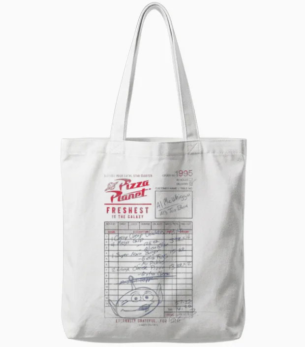 Disney Pixar Toy Story Pizza Planet Order 1995 Vintage Logo T-Shirt, White, S Tote Bags in White