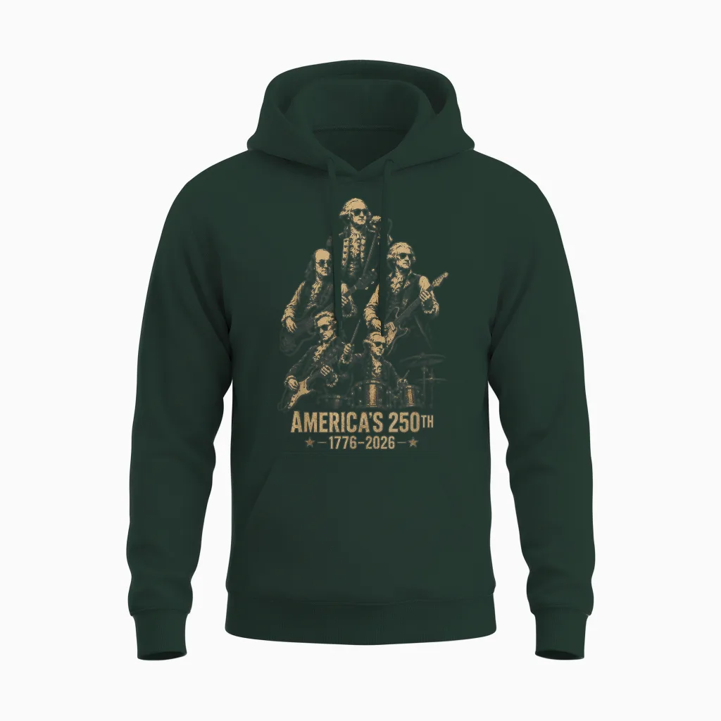 Founding Fathers Playing Guitar 4th July 250th Anniversary Unisex Hoodie in Forest