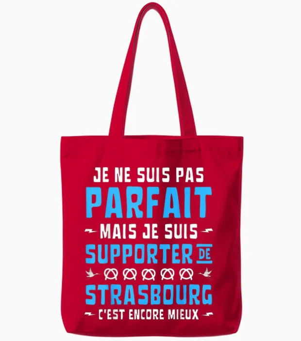 Football T-Shirt with German Text "ich Bin Nicht Perfekt, Sondern Fan Von Strasburg, Black Tote Bags in Red