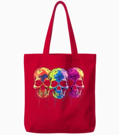 Skulls Colourful Teardrop 80s Retro Style Skull T-Shirt, Black Tote Bags - Red