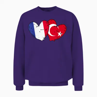 Flag of France Turkey Heart Türkiye French Turkish Friendship Unisex Sweatshirt - Purple