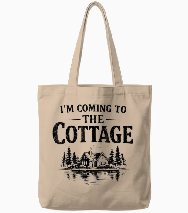 Romance Hockey Couple Men Women I'm Coming to the Cottage Tote Bags in Natural