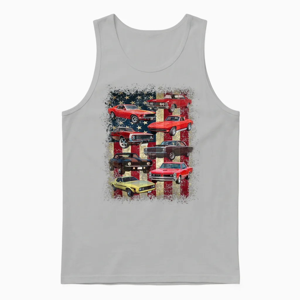 Vintage Classic Muscle Car Retro American Flag Patriotic Unisex Tank Top in Ash
