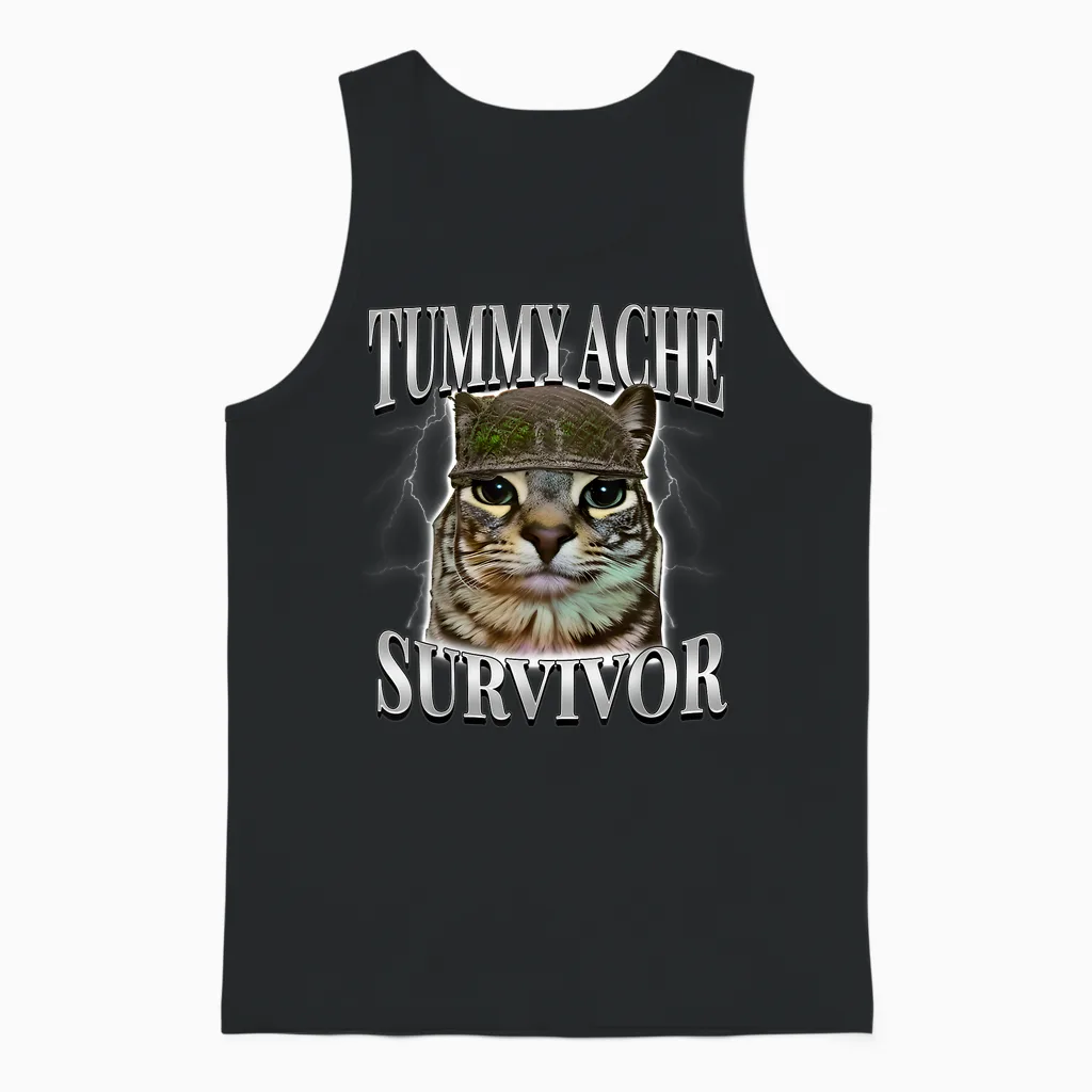 Tummy Ache Survivor Shirt Funny Meme Shirt Funny Cat Humor Unisex Tank Top in Black