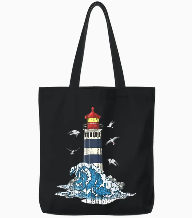 Ozean Möwen Meer Wellen Leuchtturm Tote Bags in Black