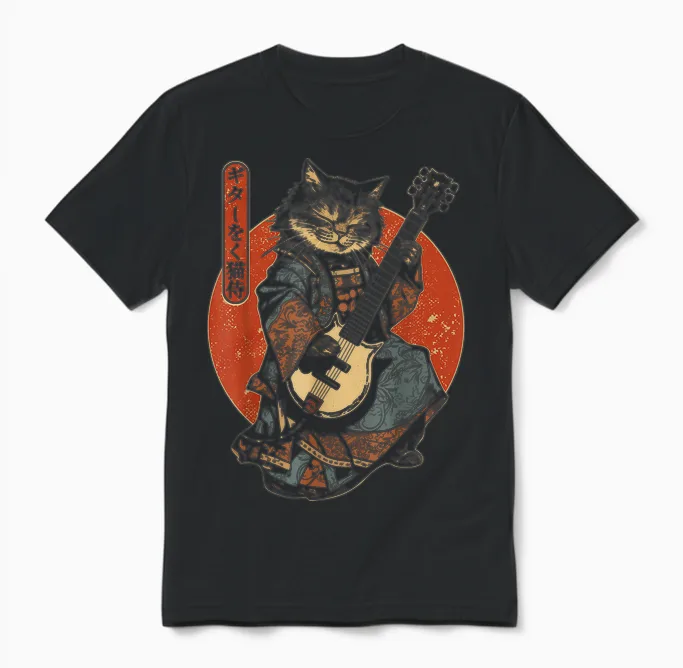 Japanese Samurai Cat Playing Electric Guitar T-Shirt, Black, S Unisex T-Shirt in Black