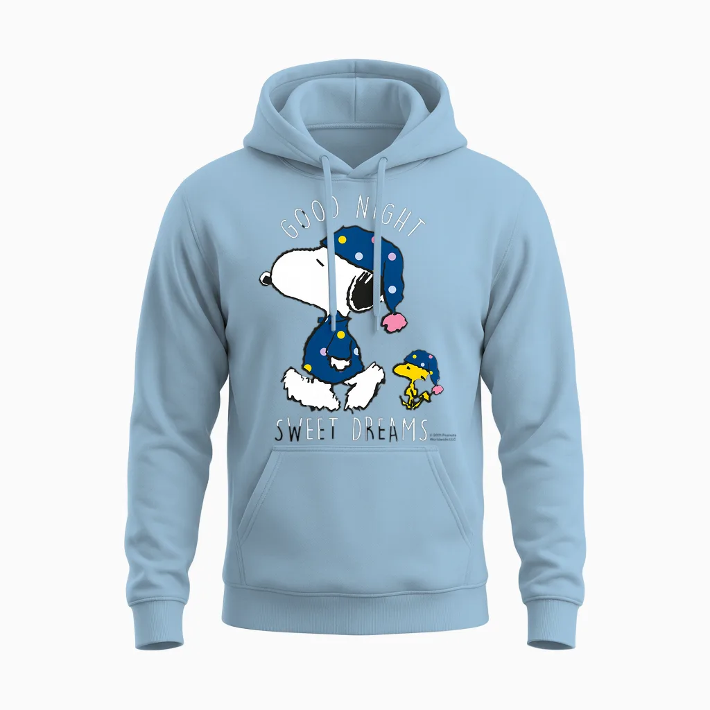 Peanuts Snoopy Woodstock Bonne Nuit, Doux Rêves Classiques T-Shirt Haut De Gamme Unisex Hoodie in Light Blue