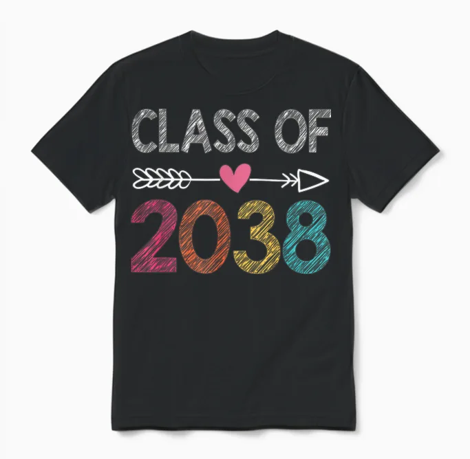 Class of 2038 Kindergarten Pre K Grow with Me Graduation Unisex T-Shirt in Black