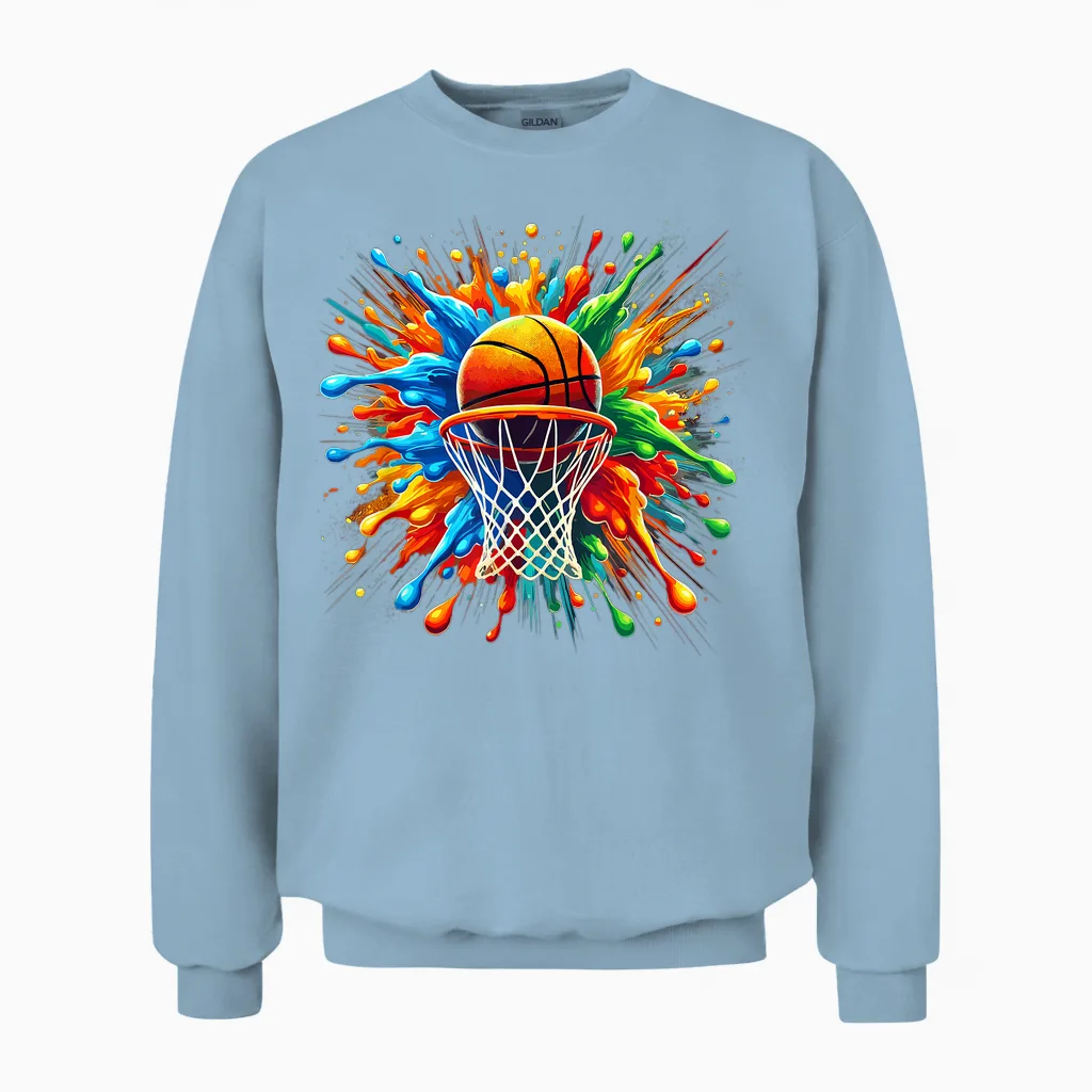 Basketball, Basketball Graphic | Boys, Girls, Tie Dye Splash T-Shirt, Black, S Unisex Sweatshirt in Light Blue